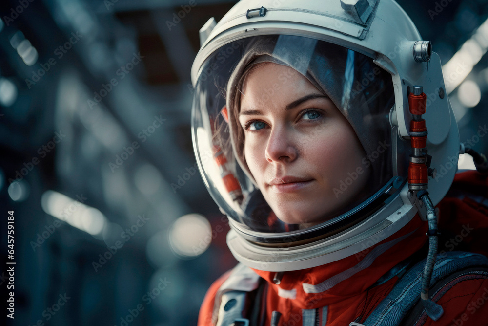 Cosmic Explorer: A Portrait of a Woman Working as a Cosmonaut, Embarking on a Mission into the Vast Universe.


