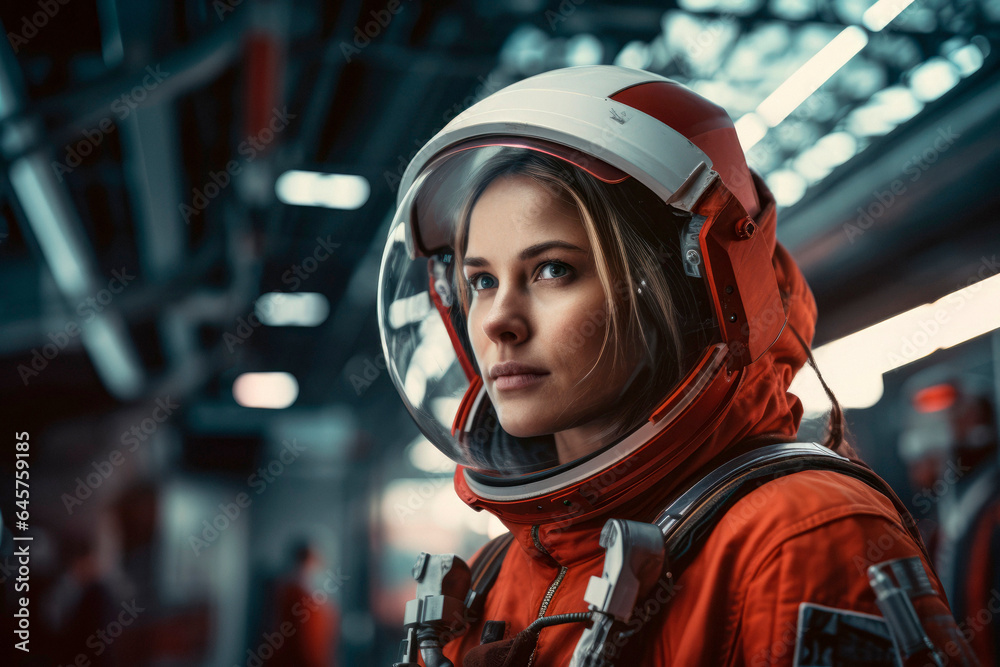Cosmic Explorer: A Portrait of a Woman Working as a Cosmonaut, Embarking on a Mission into the Vast Universe.

