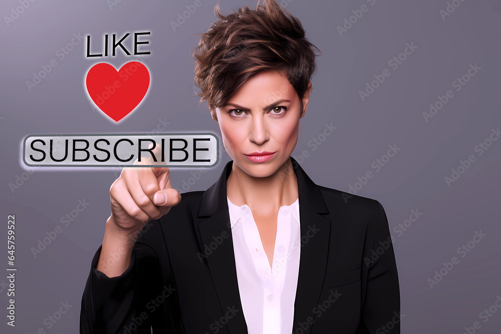 young woman reaching out to press like and subscribe buttons. gray background. young woman reaching out to press like and subscribe buttons. gray background.