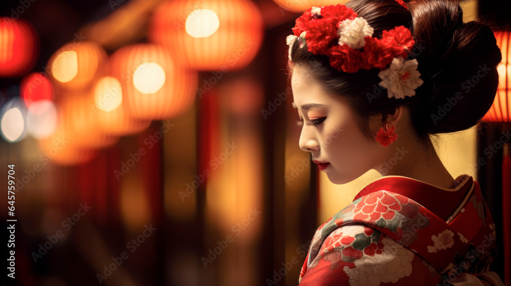 Kyoto's Maiko Magic: A Serendipitous Encounter with a Maiko in the Enchanting District of Gion, Kyoto.

 - obrazy, fototapety, plakaty 
