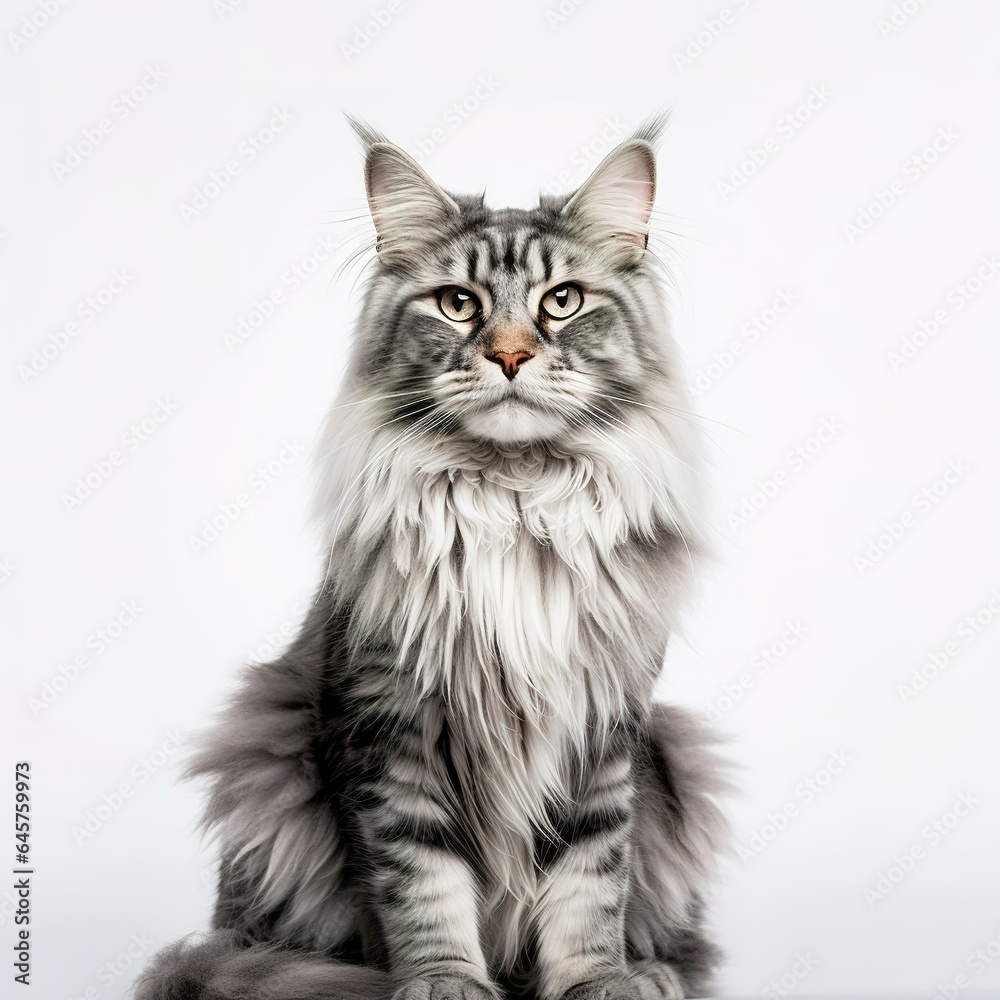 A minimalist photograph of a cat in front of a solid white color background