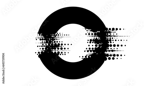 Black circle with glitch halftone effect over white background.