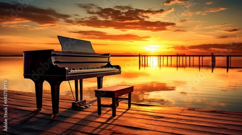 Piano Sitting On A Dock At The Sunset. Beautiful Scenery. Instrument