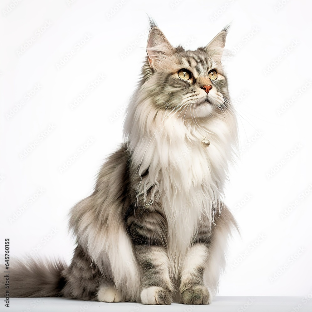 A minimalist photograph of a cat in front of a solid white color background