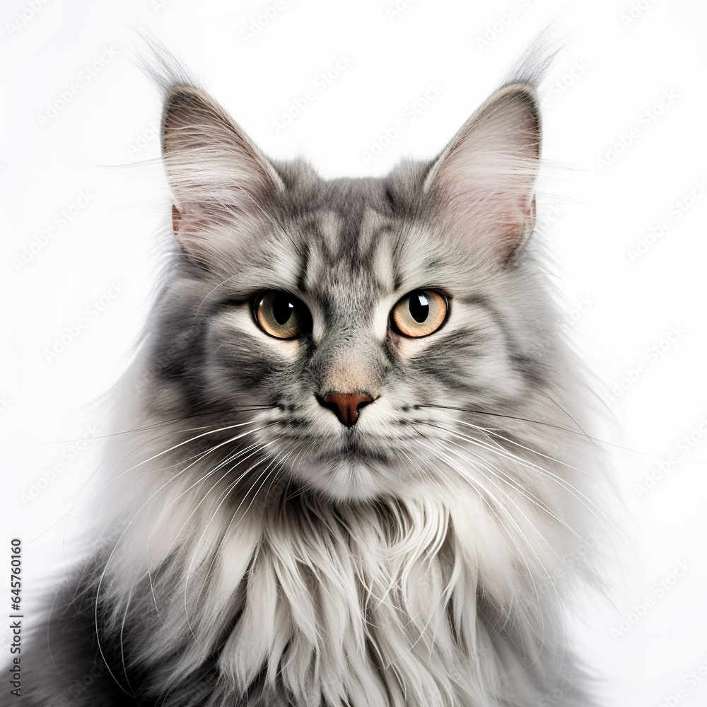 A minimalist photograph of a cat in front of a solid white color background