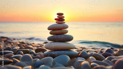Pyramid stones on the seashore with warm sunset on the sea background. Happy holidays. Pebble beach, calm sea, travel destination. Concept of happy vacation on the sea, meditation, spa, calmness