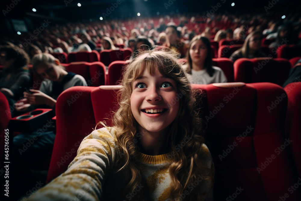 Generative AI picture of young pretty girl making selfies at cinema room seat