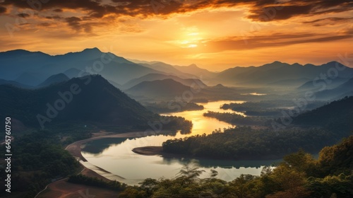 a large body of water surrounded by mountains, orange sunset, laos