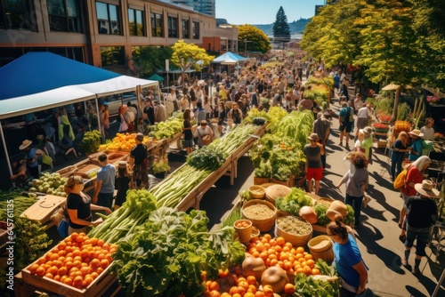 A bustling farmers\' market is abuzz with people, celebrating sustainable, homegrown treasures.