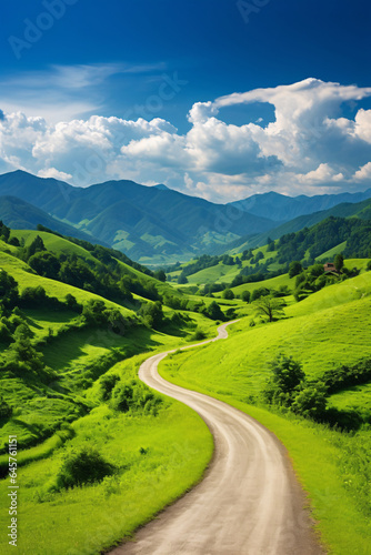 Summer country road bordered by vibrant green mountains