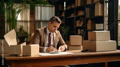 Stressed businessman receive fired letter from company and packing belongings and files into brown cardboard box, changing and resigning from work concept © Aliaksandr Siamko