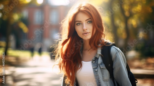teenager student red hair girl with freckles walking on a path at a college campus