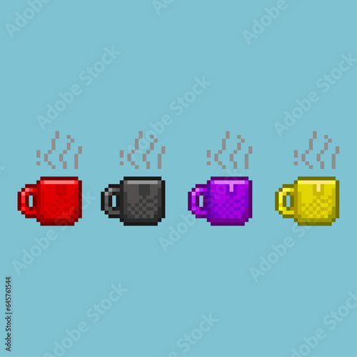 Pixel art sets of mug glass with smoke with variation color items asset. red,black,purple,and yellow on pixelated style.8bits perfect for game asset or design asset element for your game design asset.