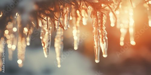 Sparkling icicles hanging from snowy branches, in a sunlit dusky forest wonderland