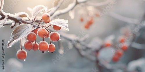 Red berries on an icy bush in a winter landscape, highlighting the natural beauty of the season