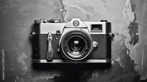 Vintage camera on black and white background. Retro style toned picture. Minimalistic concept