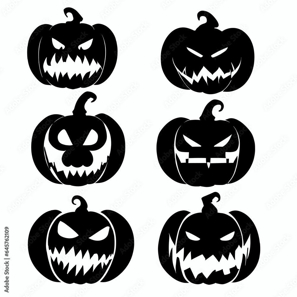 Obraz premium Set of Halloween scary cute pumpkins cut minimalist, vector, silhouette. Spooky creepy pumpkins cut, white background