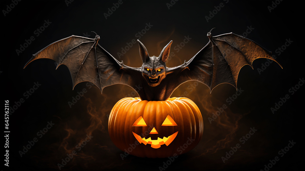 Fototapeta premium A bat comes out of a Halloween pumpkin.