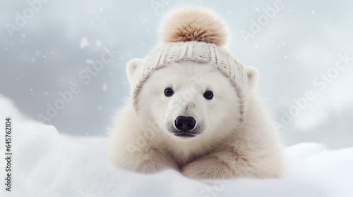 Cute polar bear wearing a hat with a pompom among snow drifts.