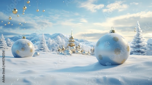 snowy scene with golden christmas decorations