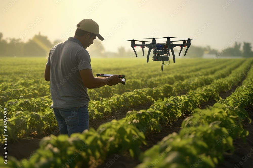 drone assists a farmer in field, overseeing crop health and irrigation, technological synergy drone assists a farmer in field, overseeing crop health and irrigation, technological synergy
