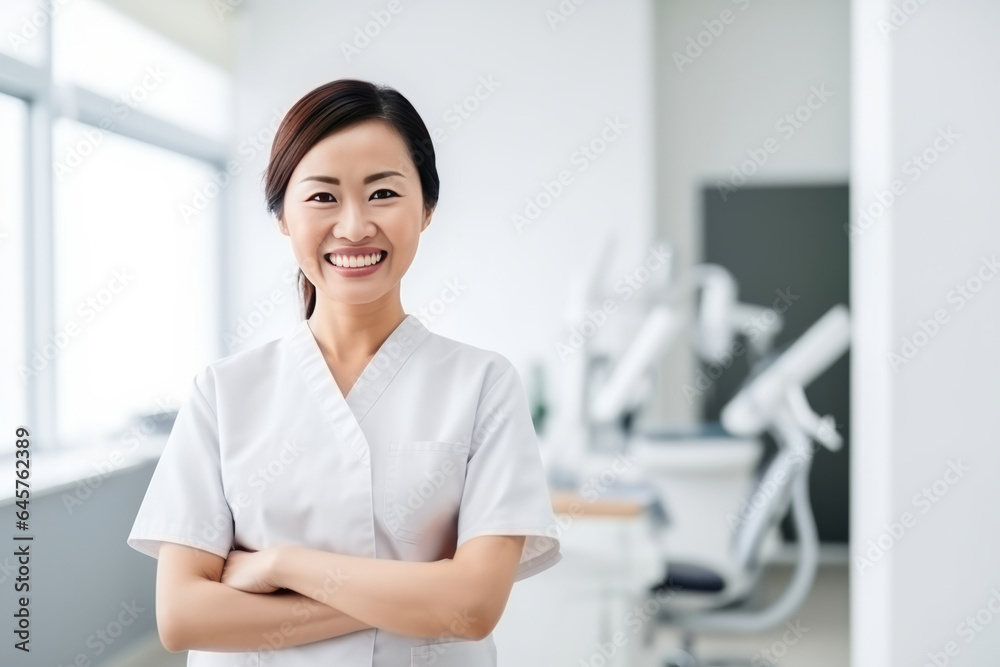 Asian female dentist smiling while standing in dental clinic. Highly qualified doctor posing at dental clinic over modern cabinet. Asian female dentist smiling while standing in dental clinic. Highly qualified doctor posing at dental clinic over modern cabinet.