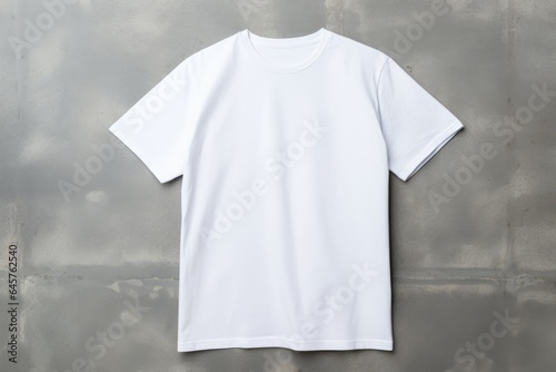 White t-shirt mockup on grey concrete background, top view