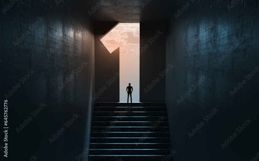 Successful businessman climbing up the stairs to Number 1. . Ladder of ...