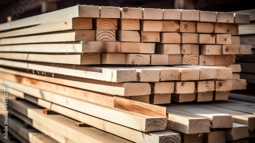 Wooden boards in a stack. Pine boards. A lot of lumber. Warehouse wooden boards