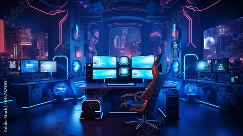Workplace Professional gamers cafe room with powerful personal computer game chair blue color. Concept cyber sport arena photo