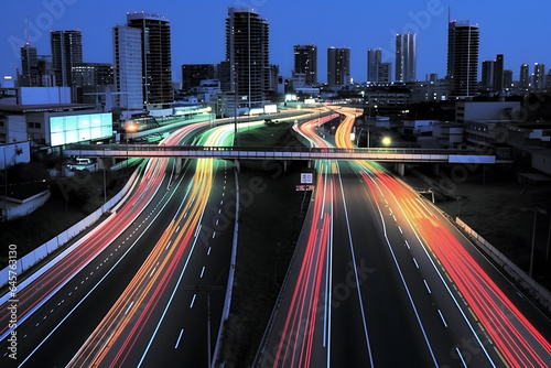 Time lapse photography of fast moving vehicle lights on the roads of a city.