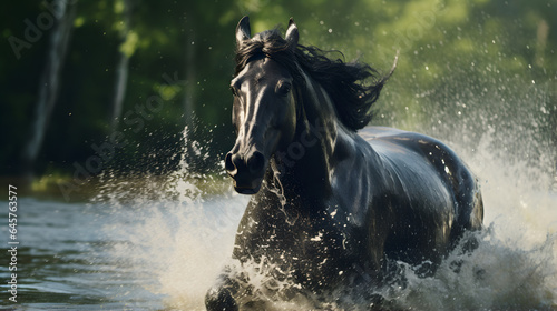 Black horse running across the water © May Thawtar