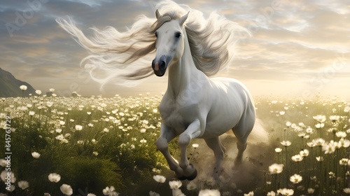 White horse running across the small flowers bed