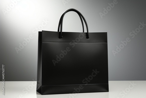 Atop the table rests a fashionable black shopping bag