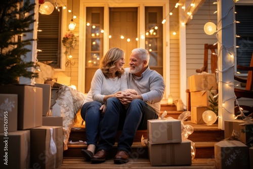 A couple in their golden years, surrounded by boxes, downsizing for their new, tranquil dwelling photo