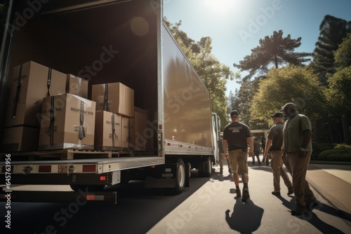 Furniture movers efficiently unload a truck, providing expert assistance for a hassle-free move. photo