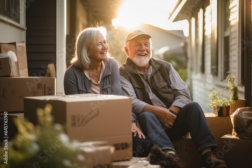 Senior couple on a porch with moving boxes, downsizing to their new, cozy home. photo