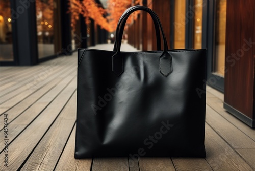 Elegant shopping concept Blank black bag, wooden wall background