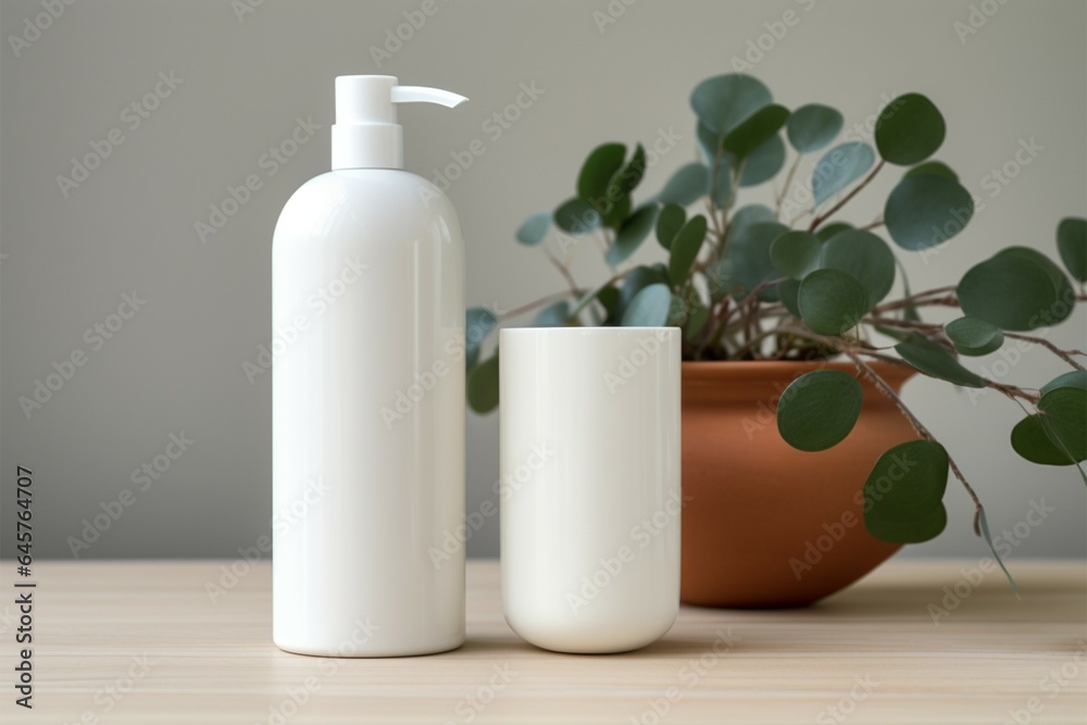Lotion bottle positioned beside a clean white container, skincare essentials Lotion bottle positioned beside a clean white container, skincare essentials