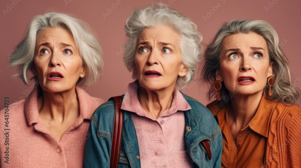 Angry senior women, diverse skin tones, stylish grey hair, neutral clothes in a studio. Generative AI Angry senior women, diverse skin tones, stylish grey hair, neutral clothes in a studio. Generative AI