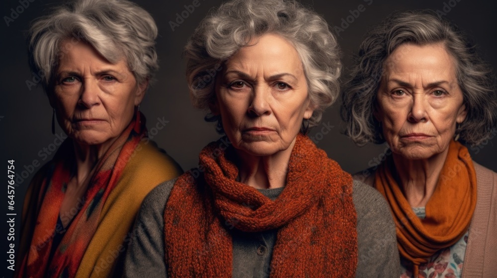Seniors in studio, expressing anger, diverse skin tones, stylish grey hair. Generative AI