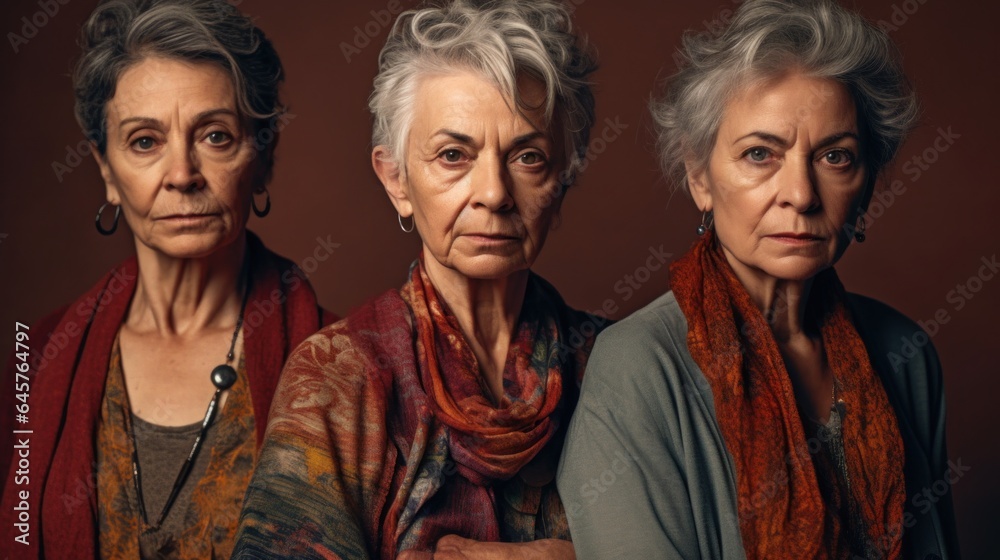 Angry seniors, various skin tones, grey hair, neutral clothes, studio backdrop. Generative AI Angry seniors, various skin tones, grey hair, neutral clothes, studio backdrop. Generative AI