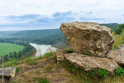 Panorama of the Dniester River. Landscape with canyon, forest and a river in front. Dniester River. Ukraine