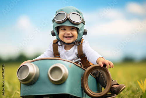 Photo Young Caucasian boy embraces his aviator dreams, playing with a toy plane in a s