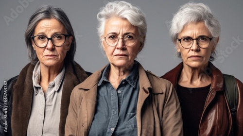 Studio image of seniors with diverse skin tones, stylish grey hair, and anger. Generative AI © iuricazac