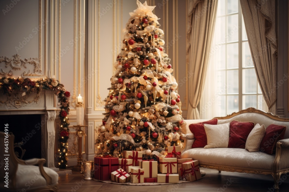 Photo of a festive living room adorned with a beautifully decorated Christmas tree and piles of presents created with Generative AI technology