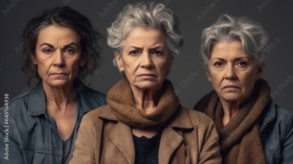 Fototapeta premium Angry senior women with different skin tones, grey hair, neutral attire in a studio scene. Generative AI
