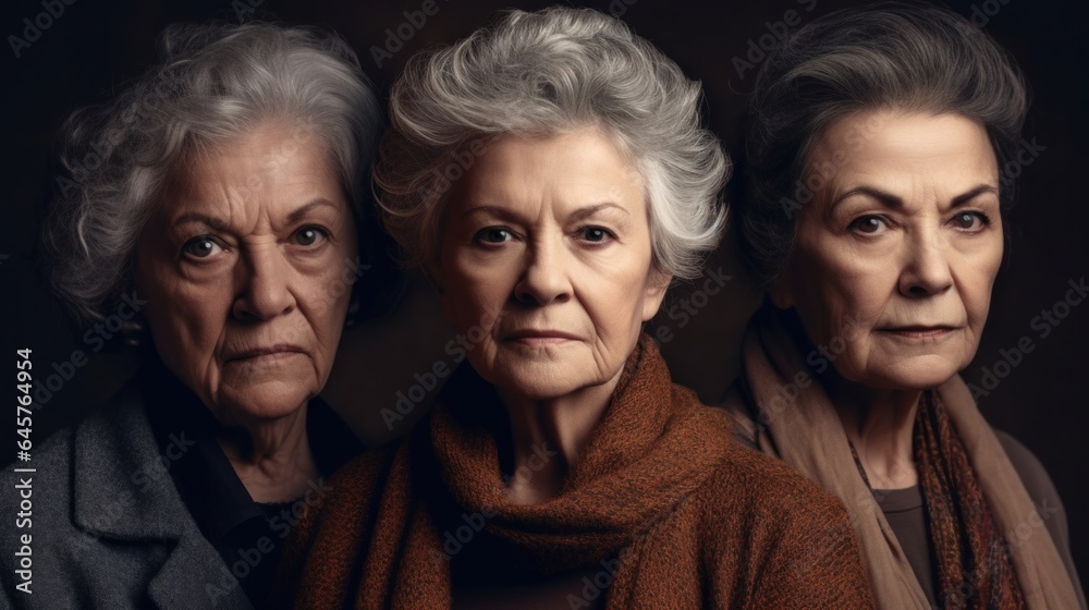 Studio image: senior women in anger, with diverse skin tones and stylish grey hair. Generative AI