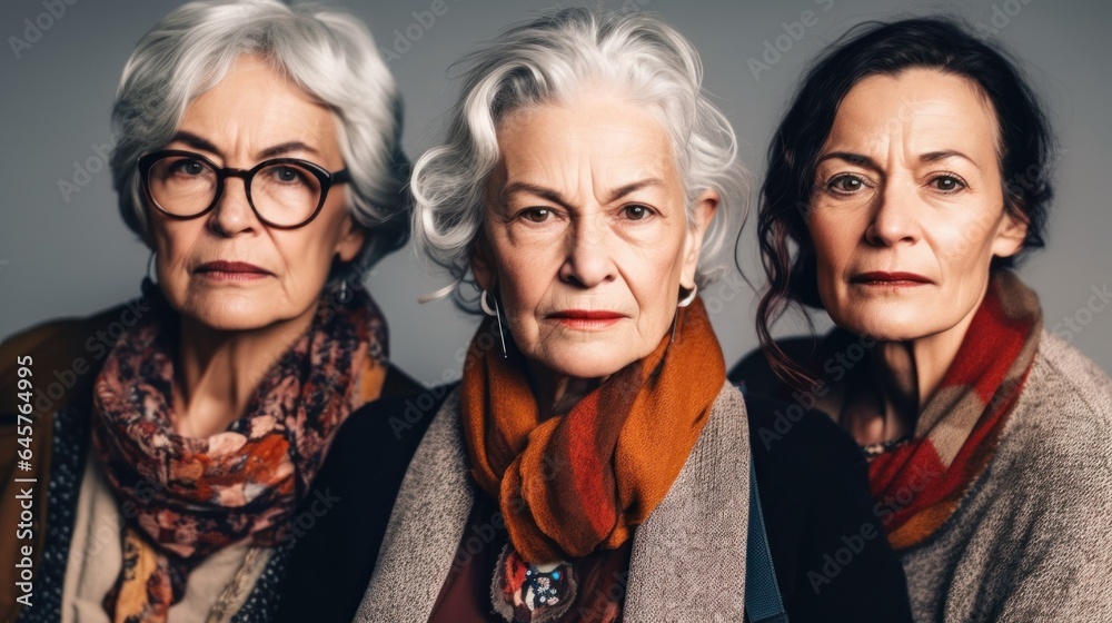 In a studio, senior women showcase anger, different skin tones, and stylish grey hair. Generative AI In a studio, senior women showcase anger, different skin tones, and stylish grey hair. Generative AI