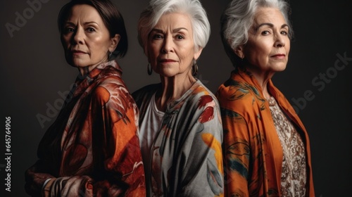 Angry senior women with different skin tones, grey hair, neutral attire in a studio scene. Generative AI